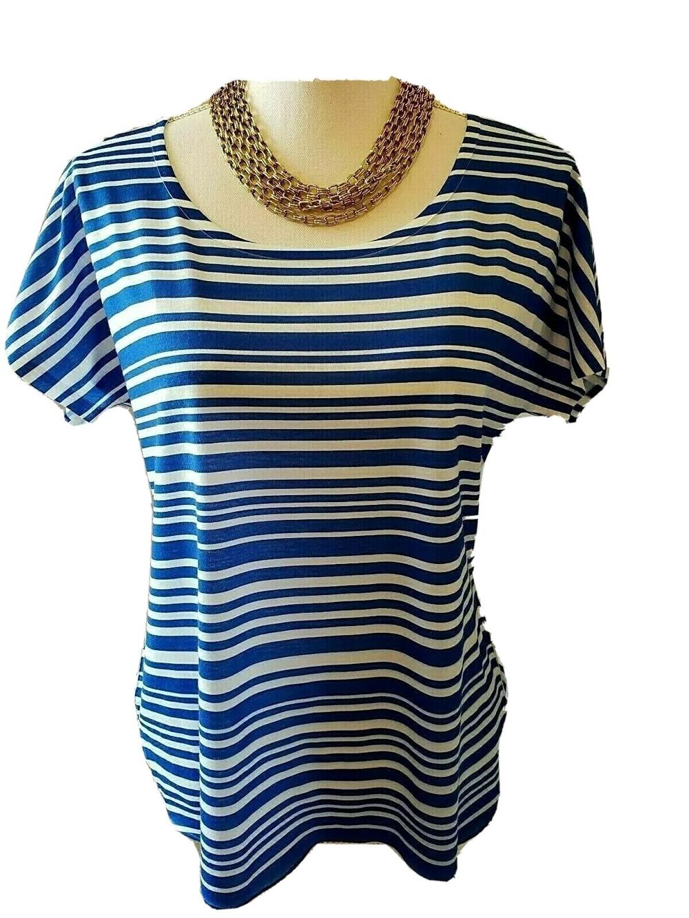 Chicos Womens Blue And White Striped Short Sleeve Crew Neck Tee Shirt Size S